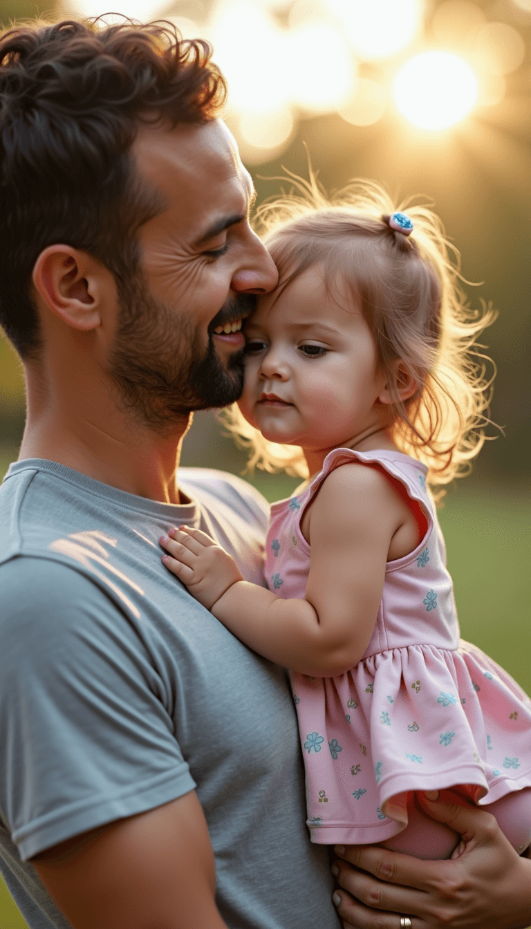 a dad holding a lovely 2-year-old girl