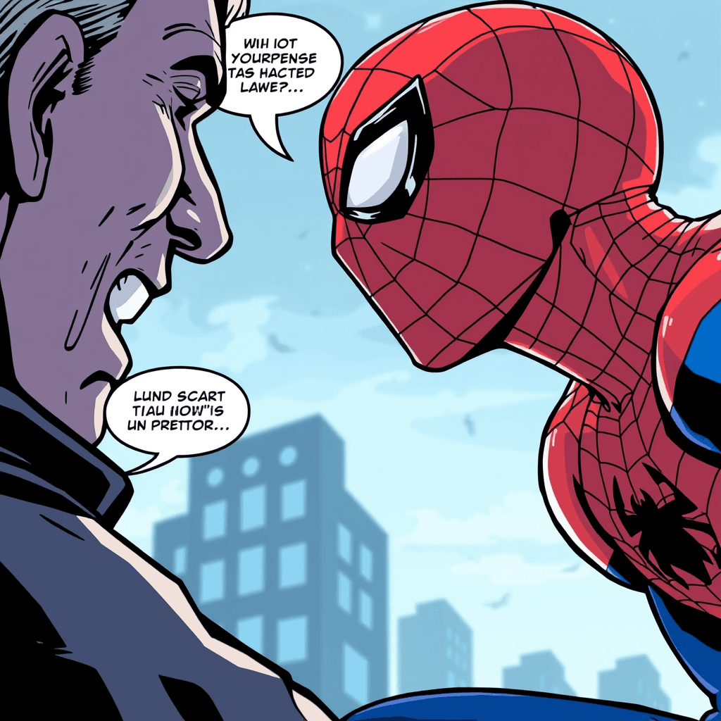 Generate an image in realistic style based on the following headcanon: Spider-Man enjoys cracking jokes to lighten intense situations.