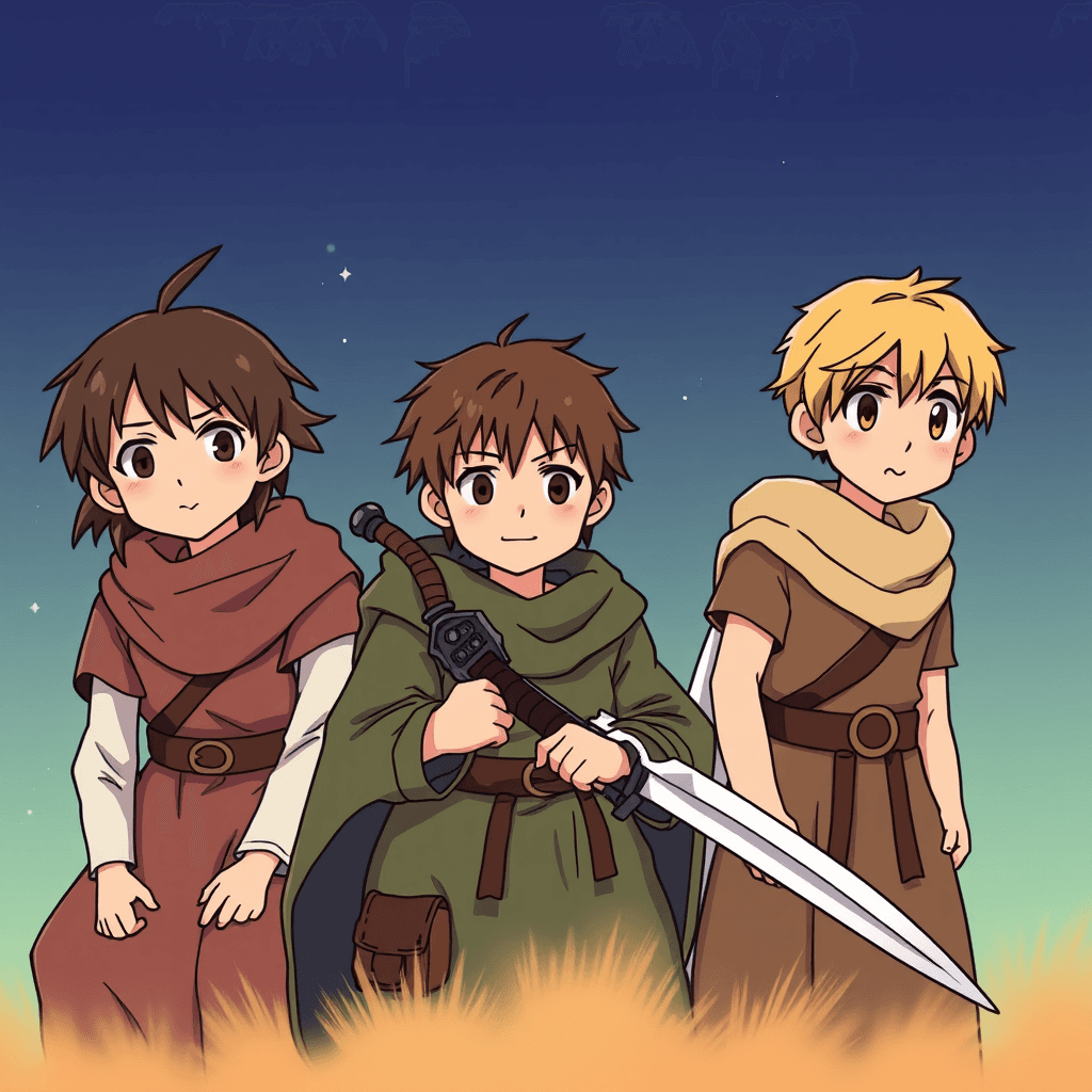 Generate an image in anime style based on the following headcanon: Frodo's unwavering bravery surprises even his closest friends.