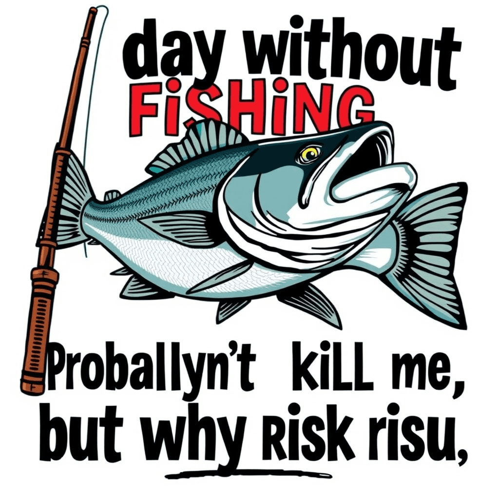 Action: Generate a creative and impactful typography vector illustration evoking a sense of humor, amusing illustrative with focused on the theme of fishing. Incorporate elements such as a fishing rod, Open mouth Big Salmon, Rope, Puns.

Typography: A day without fishing probably wouldn't kill me, but why risk it. The words should be in a bold, prominent font, drawing attention to it as a key part of the main message. Some parts of sentences should be contrastingly, possibly smaller and in a more whimsical or casual font.  

Fonts Instructions: Select, Implement and placement a font that is bold, and legible. Must implement each of the word correctly. It is essentially each of the word must be spelled correctly and prominently featured in the design. Split each of word to put in design the best sequential combination and clearly visible into the final design. The text should be easily readable from a distance. Never put any other additional texts or words.

Color: Stick to the traditional color scheme like black, red, blue, white, and yellow in White background to reflect the better exposure setting.

Design Composition: The overall layout should be balanced and aesthetically pleasing, with a clever use of spacing, symmetrical and well-aligned accordingly. Ensure the final design edges not cut off or side off. Never use any mockup, just create the artwork with a perfect blank space all the edges. The design should capture the required essence of the atmosphere or environment, and the beauty of the natural surroundings. This composition goal is both visually appealing and resonates with target enthusiasts.