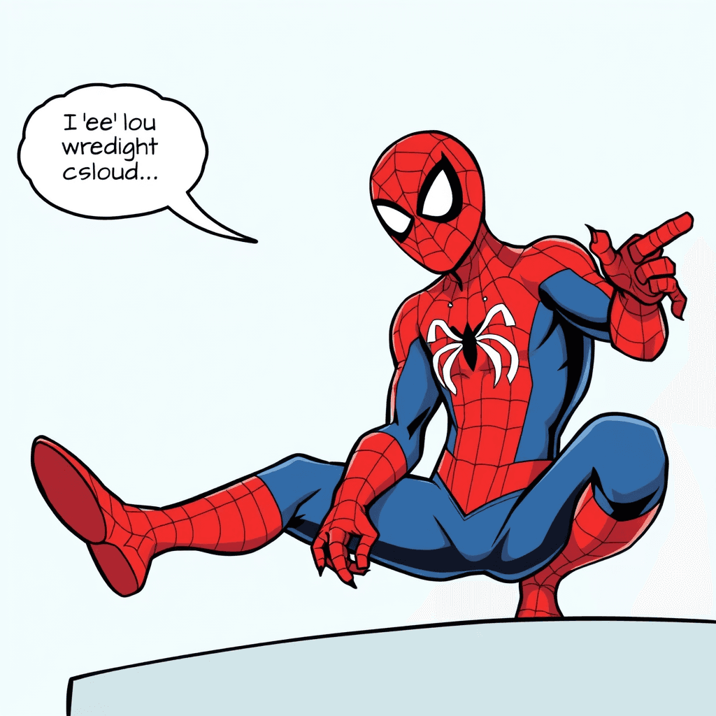 Generate an image in cartoon style based on the following headcanon: Spider-Man enjoys cracking jokes to lighten intense situations.