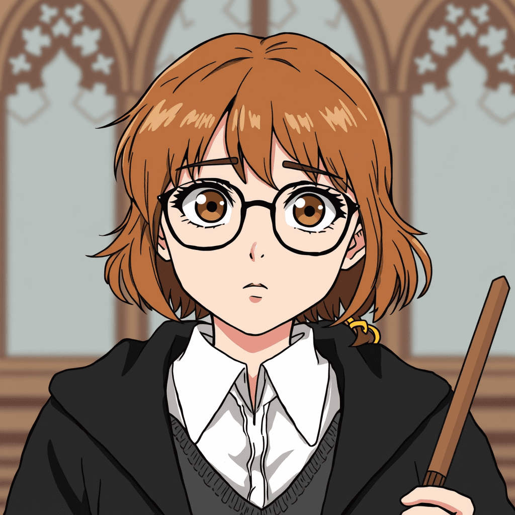 Generate an image in anime style based on the following headcanon: Hermione's perfectionism hides her insecurity about not being enough.